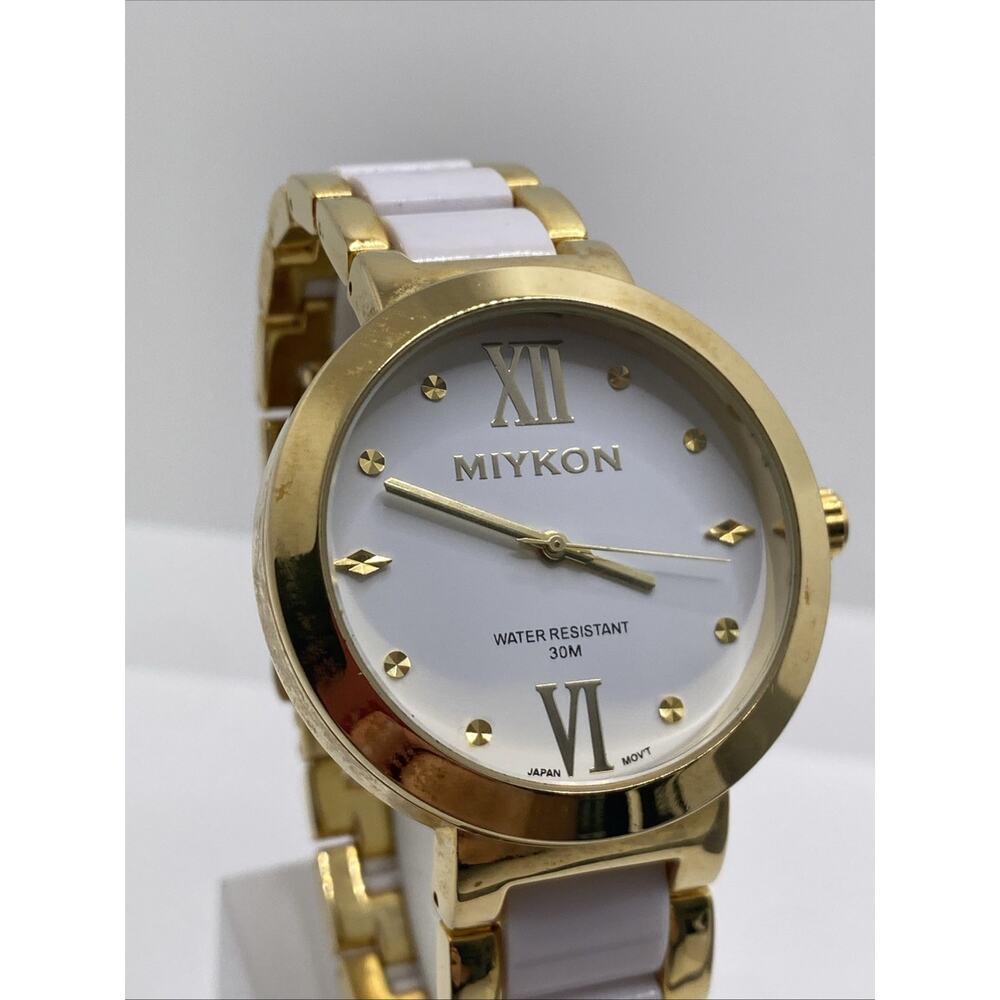 Miykon Womens White Gold Tone Ceramic Style Watch Works New Battery